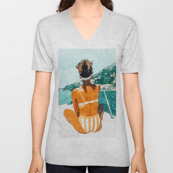 Solo Traveler, Watercolor Black Woman Painting, Travel Tropical Summer Illustration V Neck T Shirt
