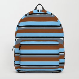 [ Thumbnail: Colorful Slate Gray, Brown, Light Sky Blue, Black & Mint Cream Colored Striped Pattern Backpack ]