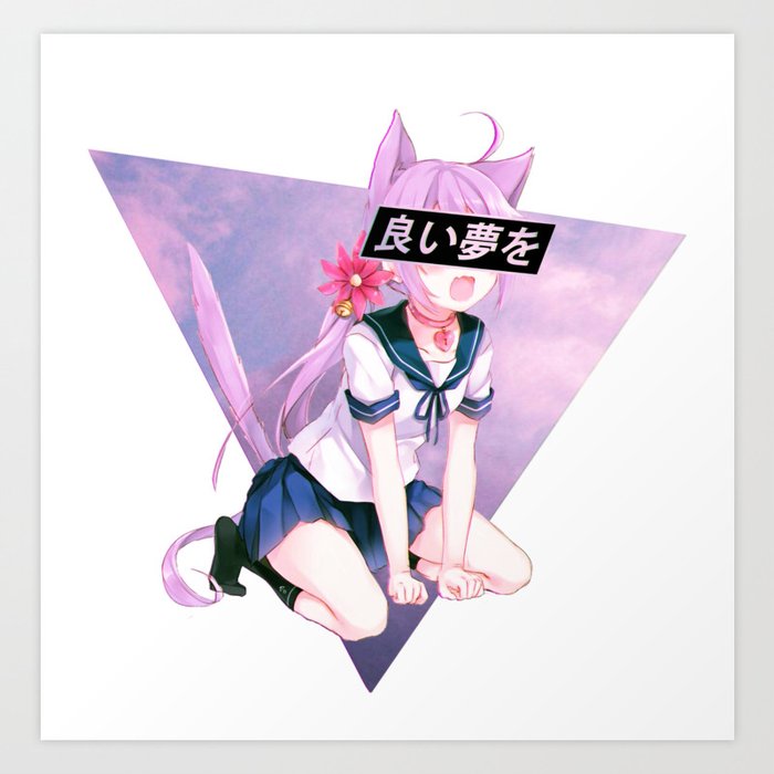 Cat Girl Neko Pink Sad Japanese Anime Aesthetic Art Print By