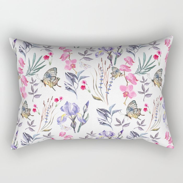 Pink lavender watercolor hand painted orchid floral butterfly Rectangular Pillow
