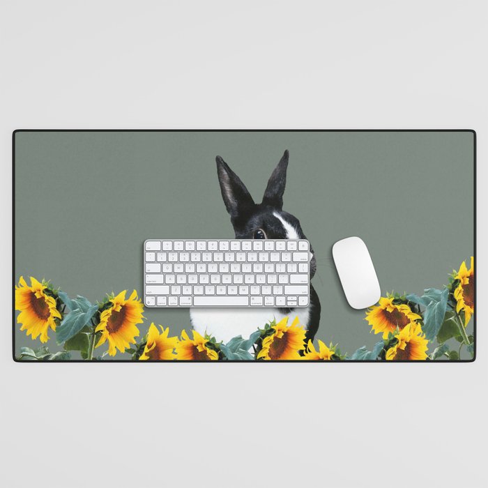Black and white rabbit with sunflowers #sunflower Desk Mat