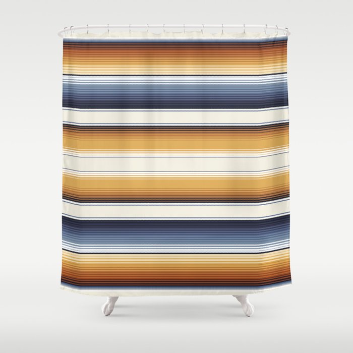 Indigo Blue, Amber Brown and Navajo White Southwest Serape Blanket Stripes Shower Curtain