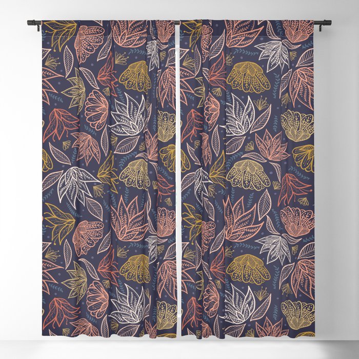 Bohemian Florals in Blue + Coral Blackout Curtain