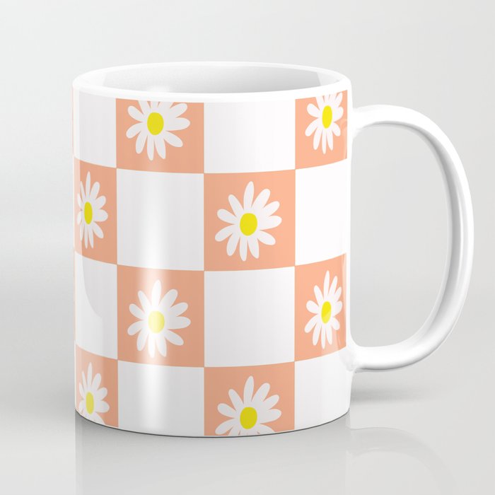  Coral Daisy Checkered Pattern Coffee Mug