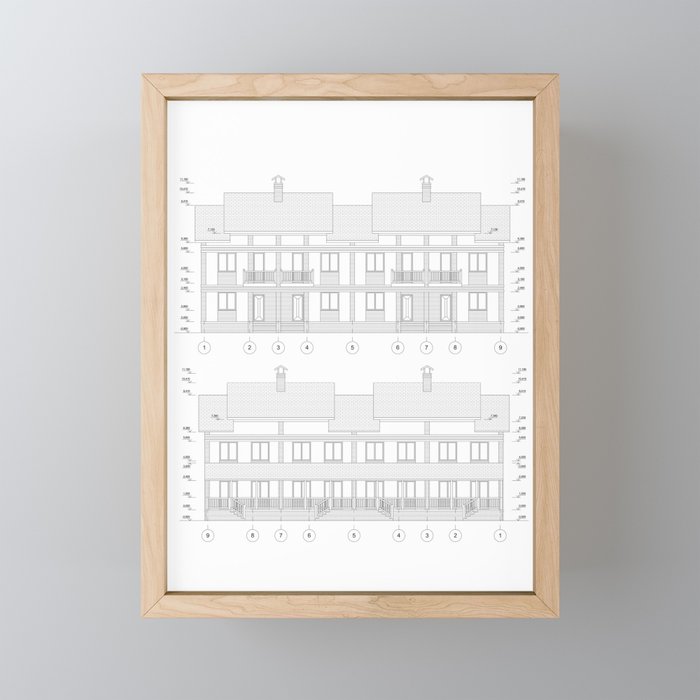Townhouse building detailed architectural technical drawing, vector blueprint Framed Mini Art Print