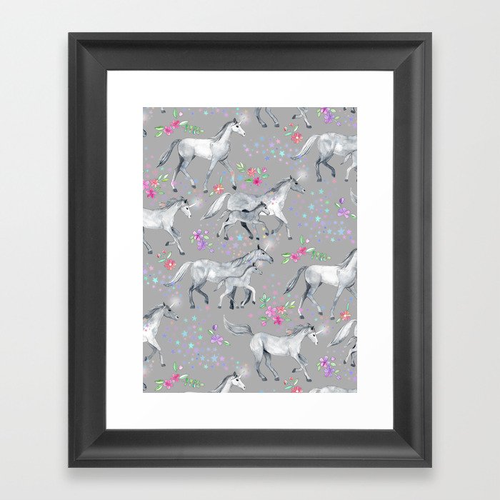 Unicorns and Stars on Soft Grey Framed Art Print