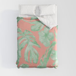 Tropical Palm Leaves Hibiscus Flowers Coral Green Duvet Cover