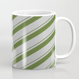[ Thumbnail: Dark Olive Green & Grey Colored Striped/Lined Pattern Coffee Mug ]