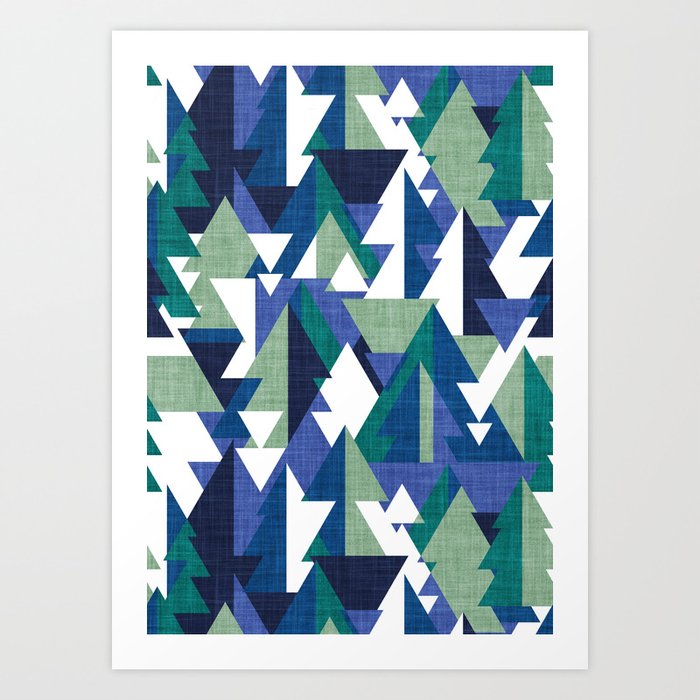 Geo forest // oxford navy classic and electric blue pine and jade green geometric triangular pine trees Art Print