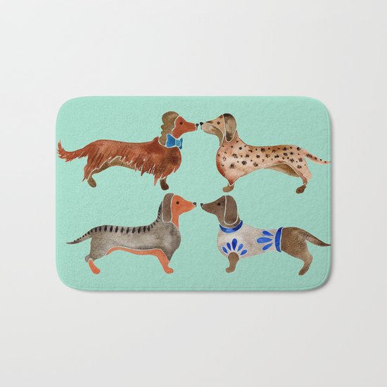 Dachshunds on Blue Bath Mat