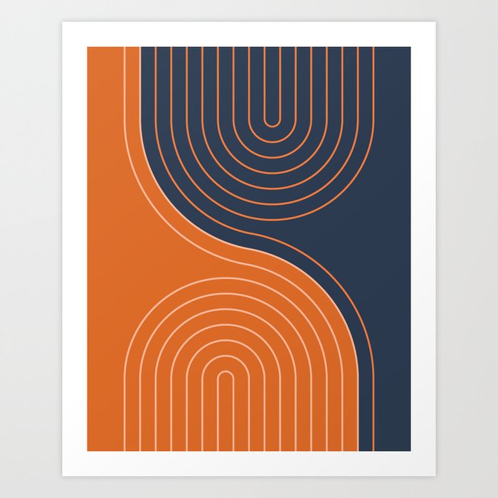 Geometric Lines in Navy Blue and vintage Orange 2 (Rainbow and Arch Abstract) Art Print