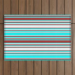 [ Thumbnail: Cyan, White, and Brown Colored Lines/Stripes Pattern Outdoor Rug ]