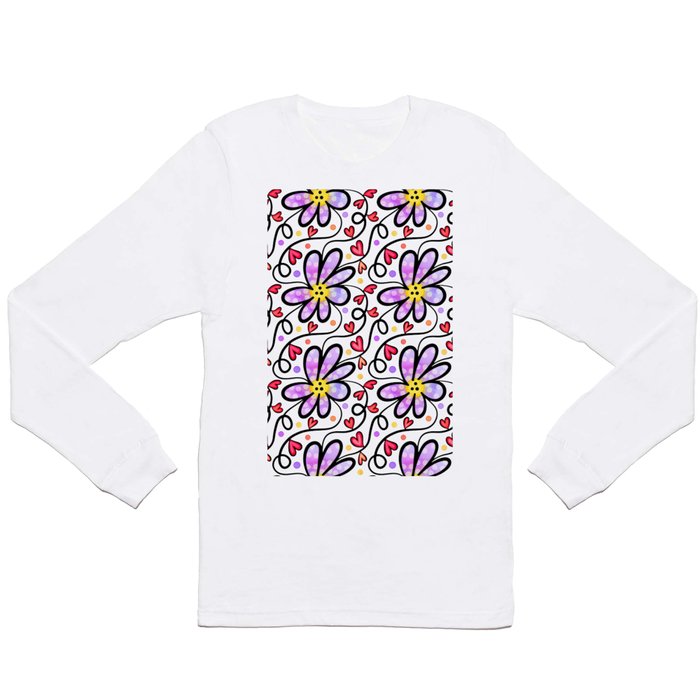 Doodle Heart & Flower Pattern 08 Long Sleeve T Shirt