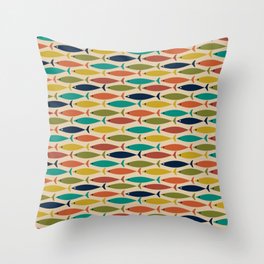 Midcentury Modern Multicolor Fish Pattern in Olive, Mustard, Orange, Teal, Beige Throw Pillow