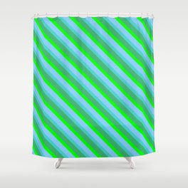 [ Thumbnail: Sea Green, Lime, Light Sky Blue & Turquoise Colored Lined/Striped Pattern Shower Curtain ]