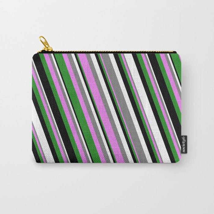 Colorful Gray, Violet, Forest Green, Black & White Colored Striped Pattern Carry-All Pouch