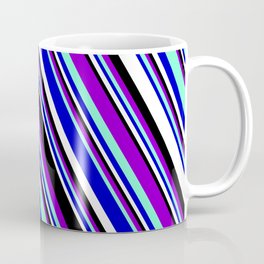 [ Thumbnail: Vibrant Dark Violet, Aquamarine, Blue, White, and Black Colored Striped/Lined Pattern Coffee Mug ]
