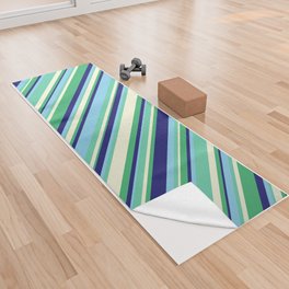 [ Thumbnail: Eyecatching Aquamarine, Sky Blue, Midnight Blue, Sea Green & Beige Colored Striped/Lined Pattern Yoga Towel ]