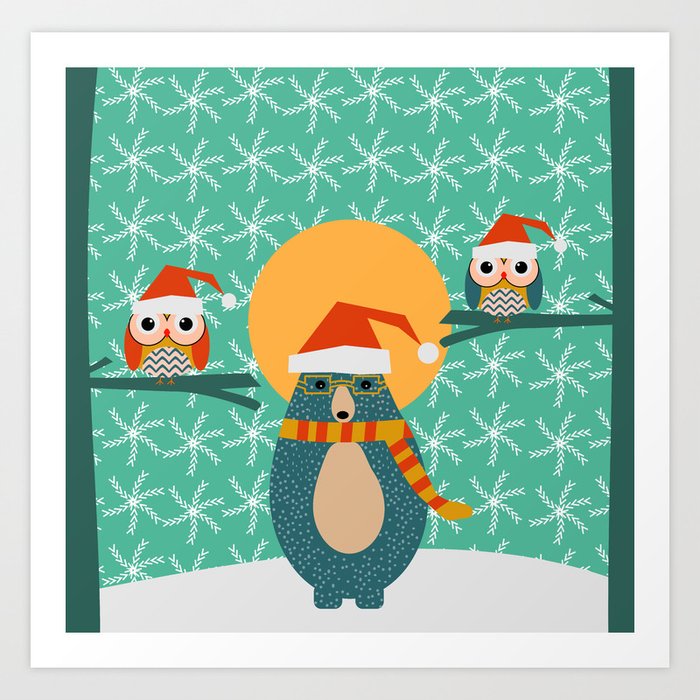 Christmas bear and two little owls Art Print