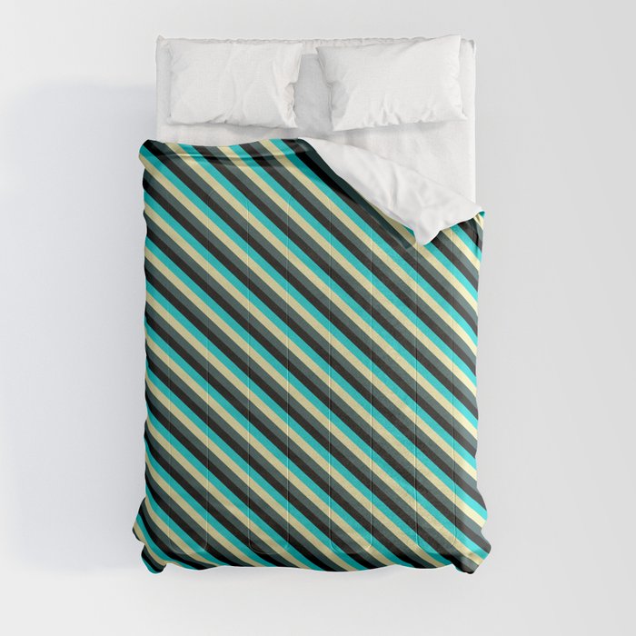 Dark Turquoise, Pale Goldenrod, Dark Slate Gray, and Black Colored Lines Pattern Comforter