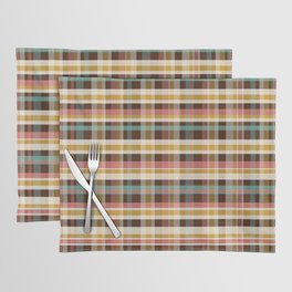 Retro Midcentury Modern Plaid Pattern Teal Brown Coral Gold Beige Placemat