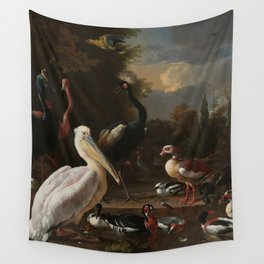 Melchior d'Hondecoeter - A pelican and other fowl at a water basin, known as 'The floating feather' Wall Tapestry