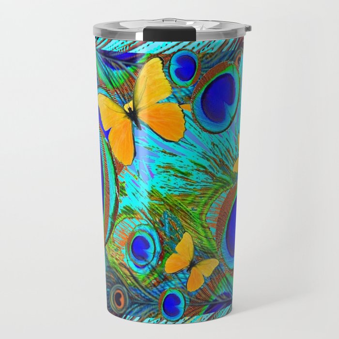 BABY BLUE YELLOW BUTTERFLY PEACOCK FEATHER PATTERN Travel Mug