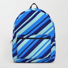 [ Thumbnail: Blue, Midnight Blue, and Turquoise Colored Lined/Striped Pattern Backpack ]