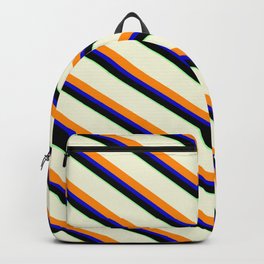 [ Thumbnail: Vibrant Beige, Dark Orange, Blue, Black & Green Colored Stripes Pattern Backpack ]