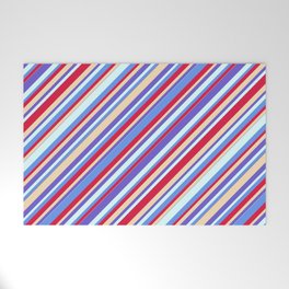 [ Thumbnail: Colorful Tan, Slate Blue, Light Cyan, Cornflower Blue & Crimson Colored Stripes Pattern Welcome Mat ]