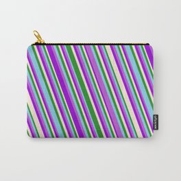 [ Thumbnail: Eye-catching Forest Green, Sky Blue, Orchid, Dark Violet, and Beige Colored Striped/Lined Pattern Carry-All Pouch ]