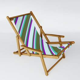 [ Thumbnail: Turquoise, Dark Olive Green, Dark Violet & Light Cyan Colored Striped/Lined Pattern Sling Chair ]