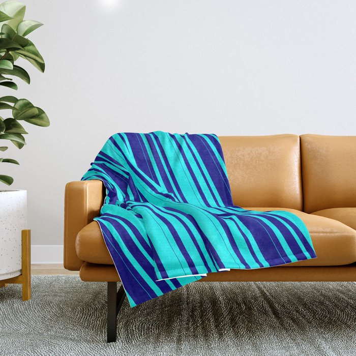 Cyan & Blue Colored Lined Pattern Throw Blanket