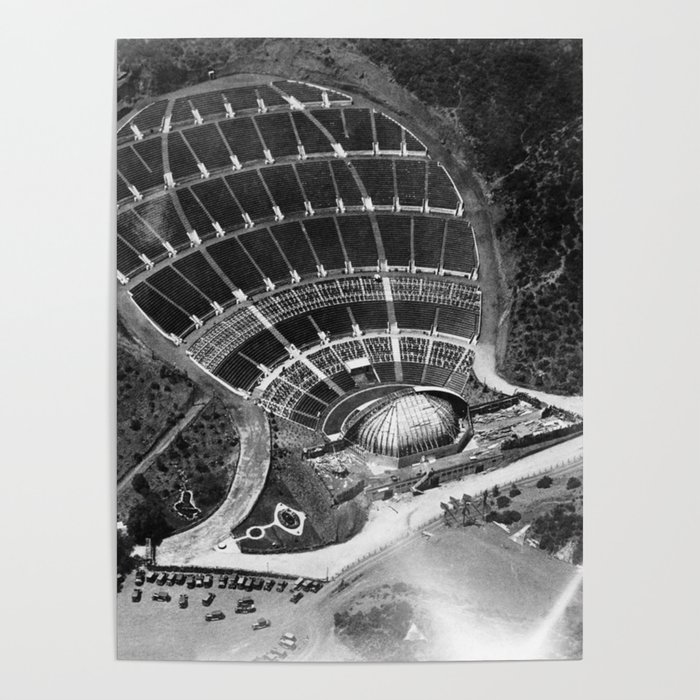 Hollywood Bowl aerial vintage, Los Angeles, California black and white photograph / photography Poster