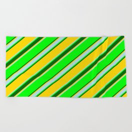 [ Thumbnail: Lime, Dark Green, Yellow & Powder Blue Colored Lines/Stripes Pattern Beach Towel ]