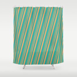 [ Thumbnail: Brown & Light Sea Green Colored Lines/Stripes Pattern Shower Curtain ]