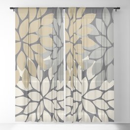 Bold Colorful Gold Ivory Charcoal Grey Dahlia Flower Burst Petals Sheer Curtain