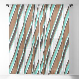 [ Thumbnail: Brown, Turquoise, White, and Black Colored Lines/Stripes Pattern Sheer Curtain ]