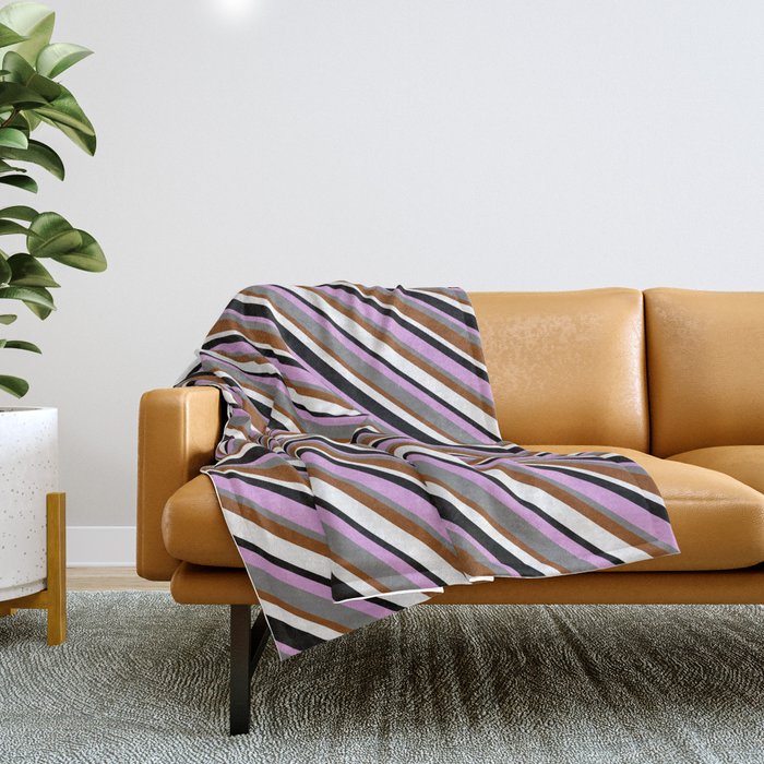 Eyecatching Plum, Grey, Brown, White & Black Colored Striped/Lined Pattern Throw Blanket