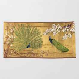 Peacocks and Cherry Blossoms Beach Towel