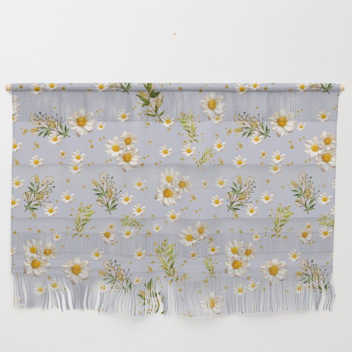 White Daisies Floral Field Pattern Light Neutral Pastel Blue Wall Hanging