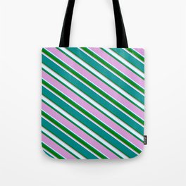 [ Thumbnail: Dark Cyan, Green, Plum & Light Cyan Colored Striped Pattern Tote Bag ]