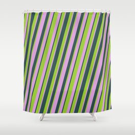 [ Thumbnail: Plum, Dark Slate Gray, and Green Colored Lines Pattern Shower Curtain ]