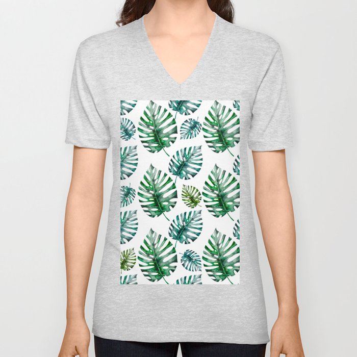 Modern green watercolor tropical monster leaves V Neck T Shirt