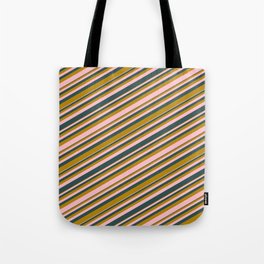 [ Thumbnail: Pink, Dark Slate Gray, and Dark Goldenrod Colored Lines Pattern Tote Bag ]
