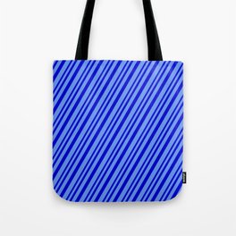 [ Thumbnail: Blue & Cornflower Blue Colored Lined Pattern Tote Bag ]