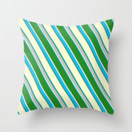 [ Thumbnail: Light Yellow, Deep Sky Blue, Forest Green & Grey Colored Stripes Pattern Throw Pillow ]