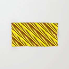 [ Thumbnail: Yellow & Brown Colored Stripes/Lines Pattern Hand & Bath Towel ]