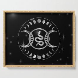 Mystic snake silver mandala with triple goddess and moon phases Serving Tray