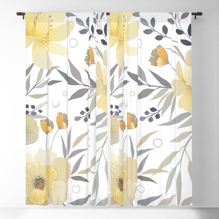 Modern, Floral Prints, Yellow, Gray and White Blackout Curtain